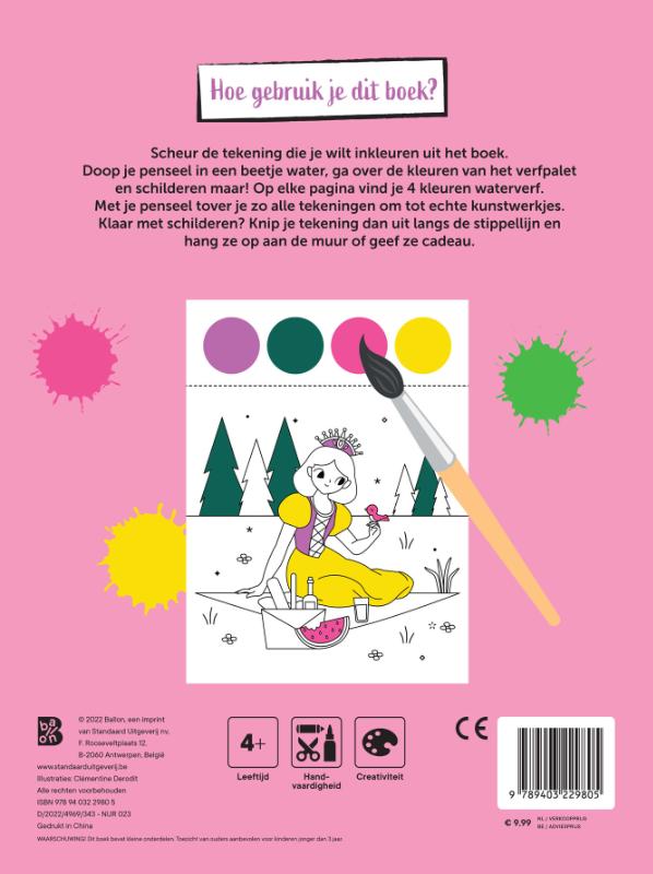 Achterkant van Kleurboek met verfpalet en penseel Prinsessen