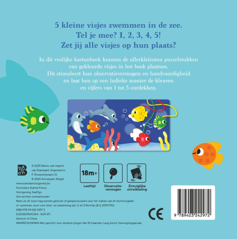 Achterkant van 5 kleine visjes (kartonboek met puzzelstukken aan koord)