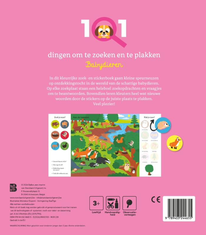 Achterkant van 101 dingen om te zoeken en te plakken: Babydieren