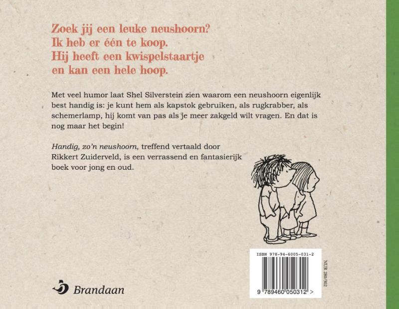 Achterkant van Handig, zo’n neushoorn