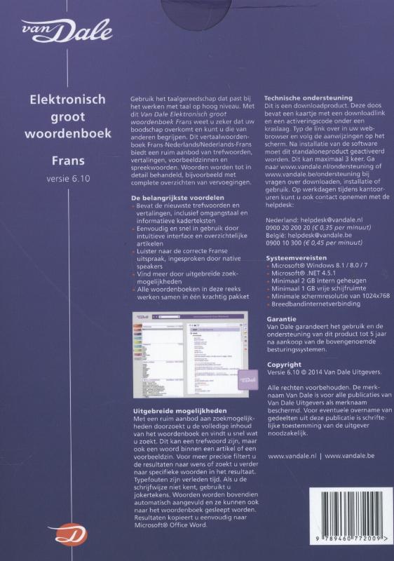 Achterkant van Van Dale elektronisch groot woordenboek Frans 6.10