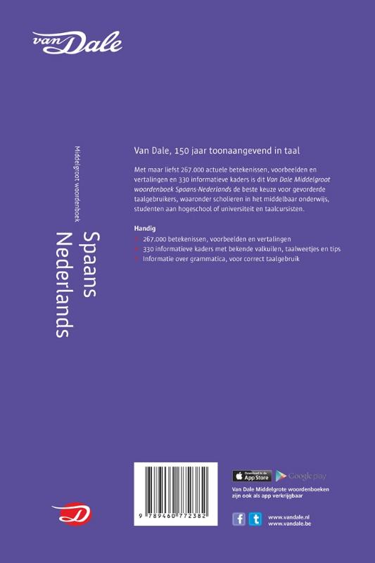 Achterkant van Van Dale Middelgroot woordenboek Spaans-Nederlands