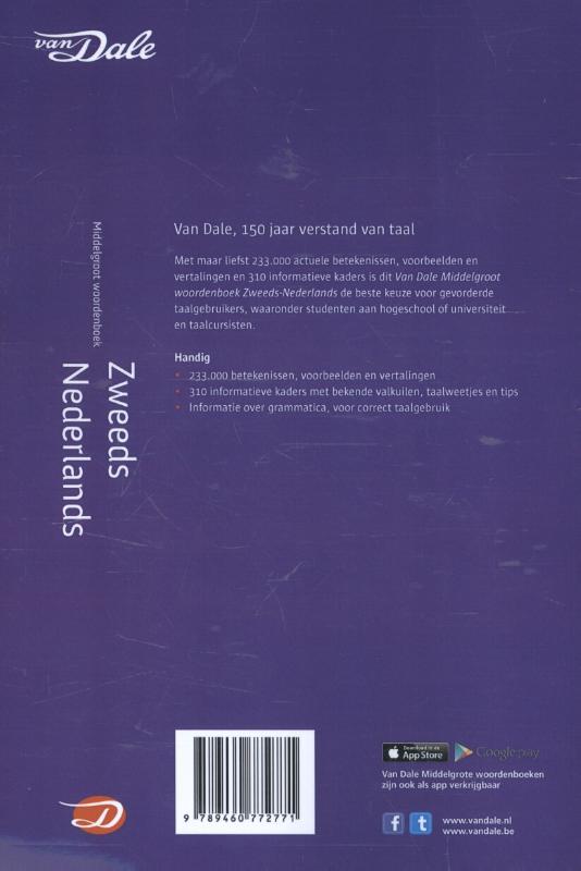 Achterkant van Van Dale Middelgroot woordenboek Zweeds-Nederlands