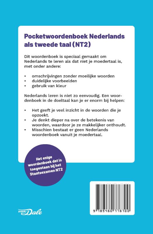 Achterkant van Van Dale Pocketwoordenboek Nederlands als tweede taal (NT2)