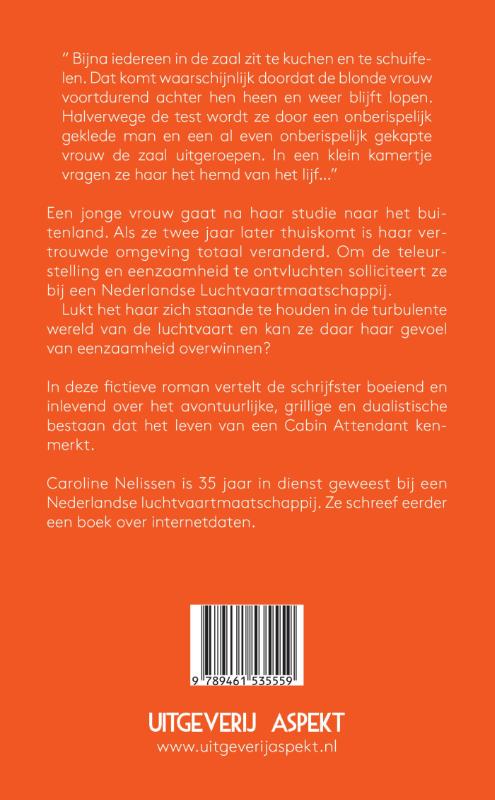 Achterkant van Kijk daar loopt een stewardess