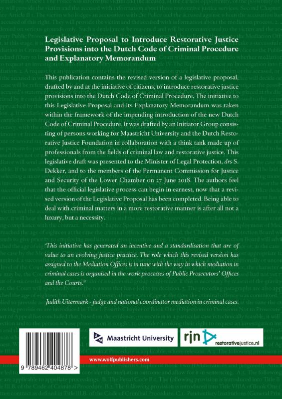 Achterkant van Legislative Proposal to Introduce Provisions Governing Restorative Justice Services into the Dutch Code of Criminal Procedure and Explanatory Memorandum