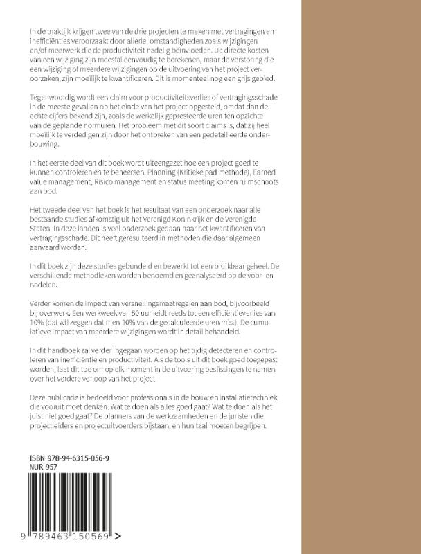 Achterkant van Handboek Projectbeheersing in de bouw en voor installatietechnische werken