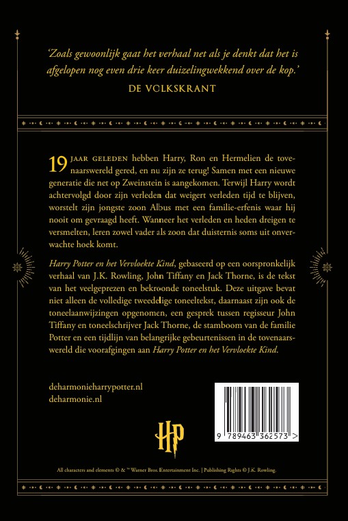 Achterkant van Harry Potter en het Vervloekte Kind Deel een en twee