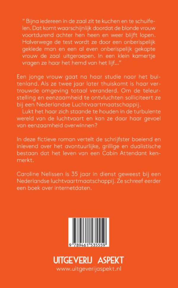 Achterkant van Kijk daar loopt een stewardess