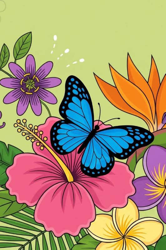 Achterkant van Tropische bloemen en vlinders