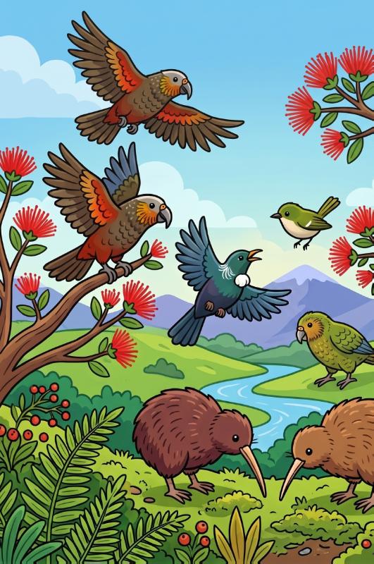 Achterkant van Kiwi's en vogels van Nieuw-Zeeland