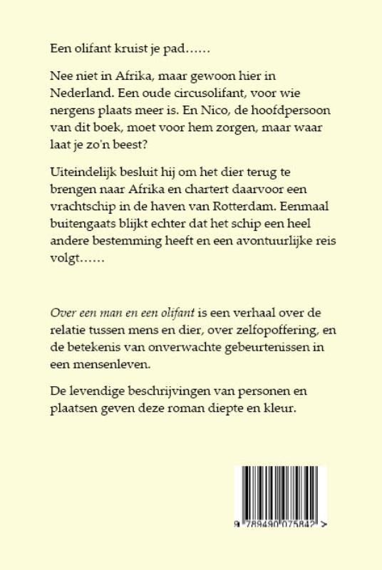 Achterkant van Over een man en een olifant