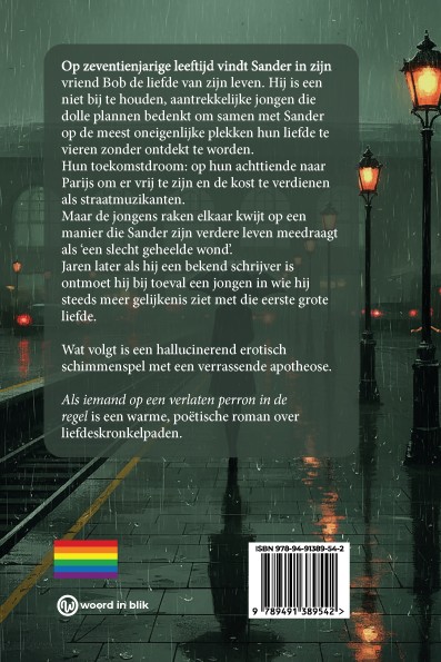 Achterkant van Als iemand op een verlaten perron in de regen