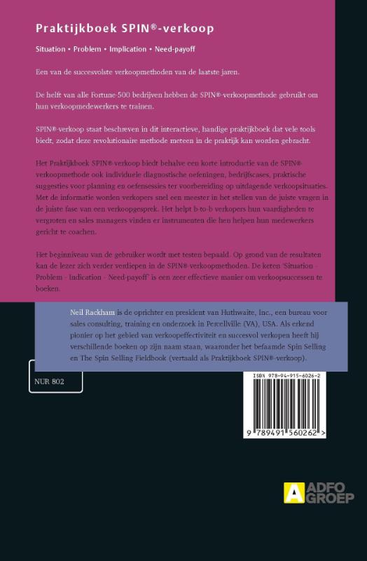 Achterkant van Praktijkboek SPIN-verkoop