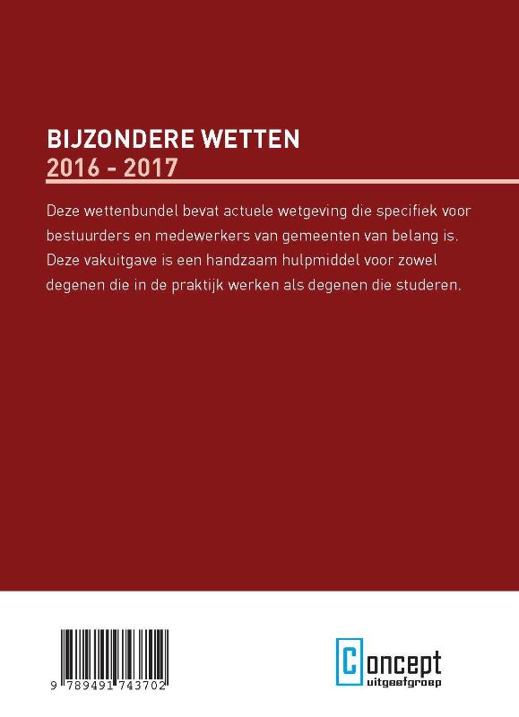 Achterkant van Bijzondere wetten 2016-2017