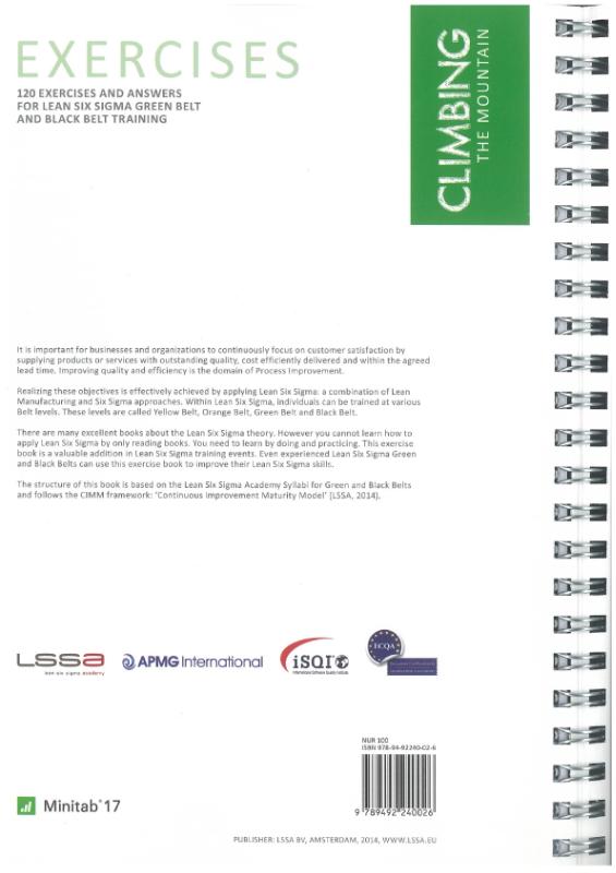 Achterkant van 120 exercises and answers for Lean Six Sigma Green Belt en Black Belt training. manufacturing and services