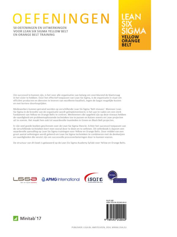 Achterkant van Lean six sigma oefenboek voor Yellow Belt & Orange Belt