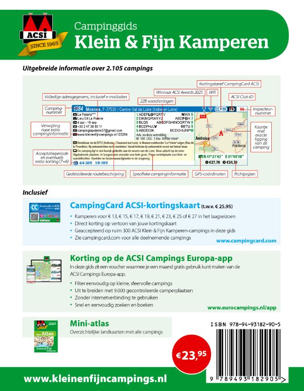 Achterkant van ACSI Klein & Fijn Kamperen campinggids 2026