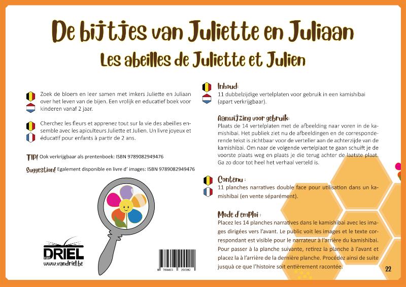 Achterkant van De bijtjes van Juliette en Juliaan kamishibai vertelplaten