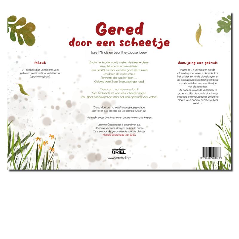 Achterkant van Gered door een scheetje kamishibai vertelplaten + boek