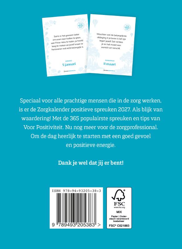 Achterkant van Zorgkalender positieve spreuken 2027