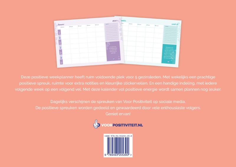 Achterkant van Familieplanner positieve spreuken 2027