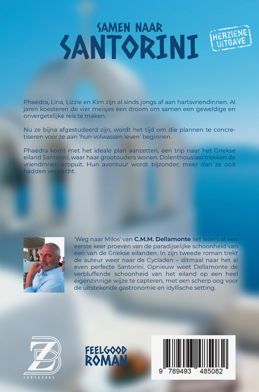 Achterkant van Samen naar Santorini