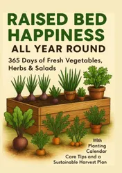 Omslag van RAISED BED HAPPINESS ALL YEAR ROUND 365 Days of Fresh Vegetables, Herbs & Salads – With Planting Calendar, Care Tips and a Sustainable Harvest Plan