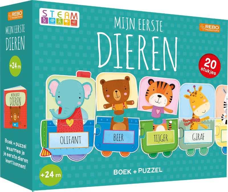 Omslag van Puzzeltrein 20 stukjes en boek - Mijn eerste dieren