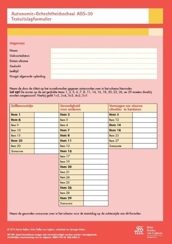 Omslag van Autonomie-gehechtheidsschaal (AGS 30) - scoreformulieren