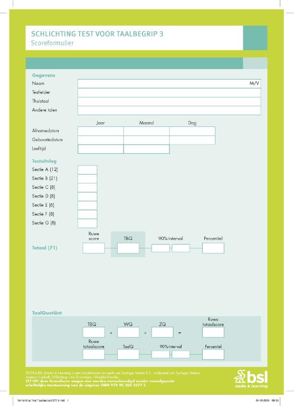 Omslag van Schlichting Test voor Taalbegrip 3 - Scoreformulieren