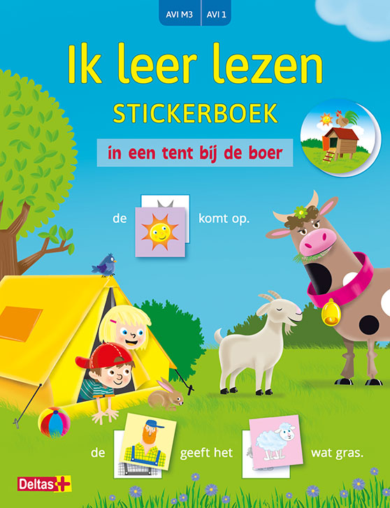 Omslag van Ik leer lezen Stickerboek - In een tent bij de boer (AVI M3 / AVI 1)