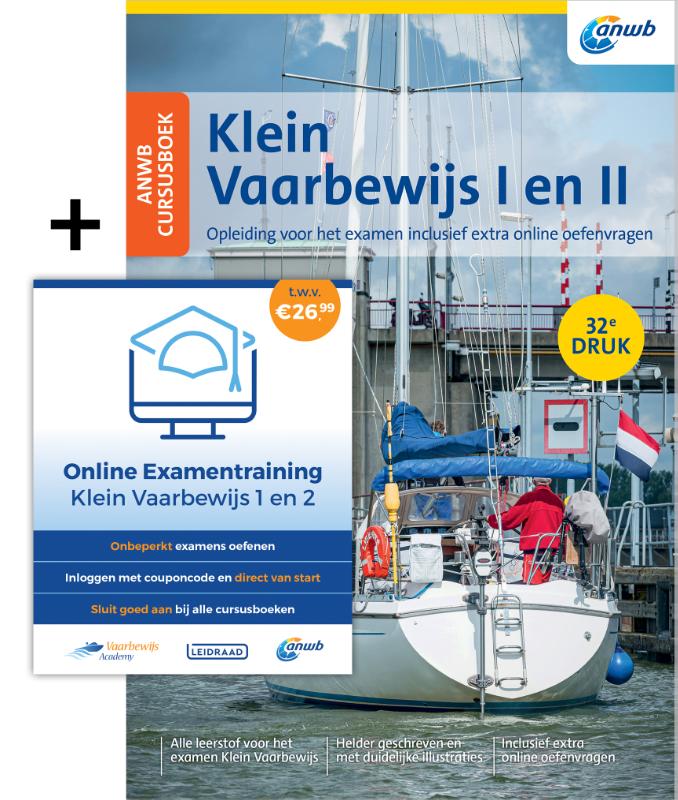 Omslag van ANWB Cursusboek Klein Vaarbewijs I en II inclusief online examentraining