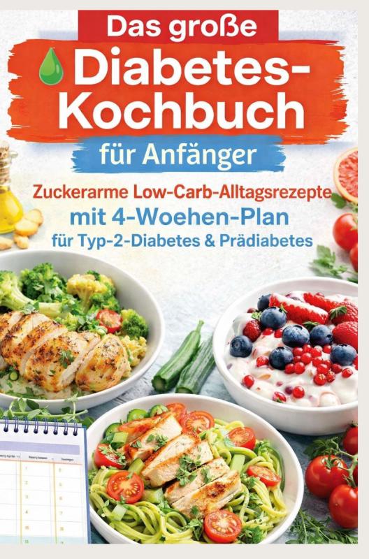 Omslag van Das große Diabetes-Kochbuch für Anfänger: Zuckerarme Low-Carb-Alltagsrezepte mit 4-Wochen-Plan für Typ-2-Diabetes & Prädiabetes