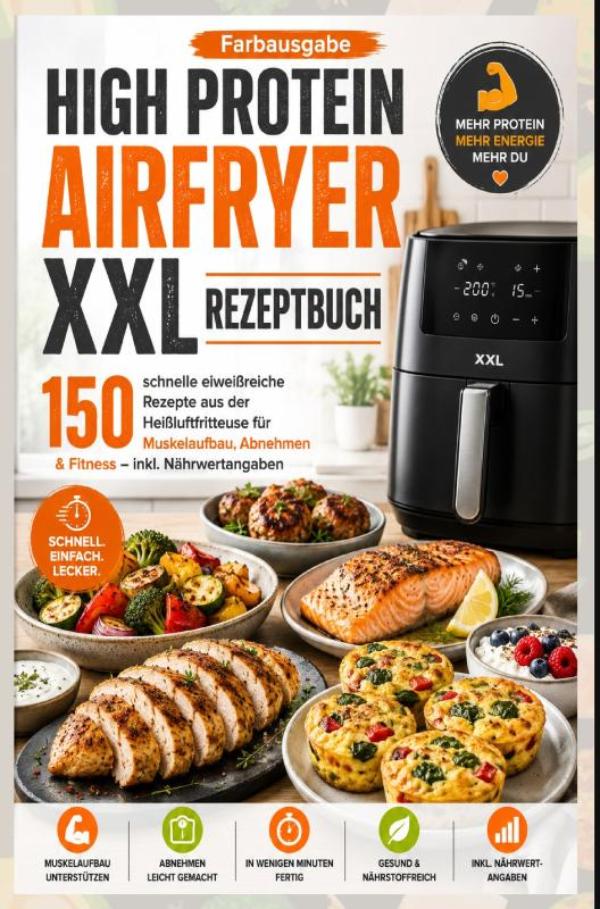 Omslag van High Protein Airfryer XXL Rezeptbuch – Farbausgabe 150 schnelle eiweißreiche Rezepte aus der Heißluftfritteuse für Muskelaufbau, Abnehmen & Fitness