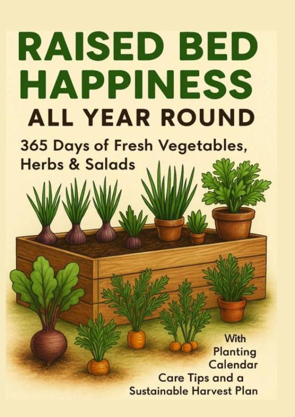 Omslag van RAISED BED HAPPINESS ALL YEAR ROUND 365 Days of Fresh Vegetables, Herbs & Salads – With Planting Calendar, Care Tips and a Sustainable Harvest Plan