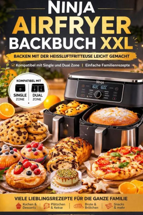 Omslag van Ninja Airfryer Backbuch XXL: Backen mit der Heißluftfritteuse leicht gemacht | Kompatibel mit Single und Dual Zone | Einfache Familienrezepte