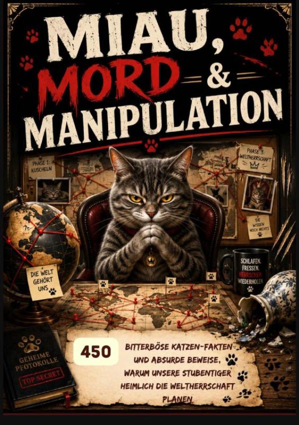 Omslag van Miau, Mord & Manipulation: 450 bitterböse Katzen-Fakten und absurde Beweise, warum unsere Stubentiger heimlich die Weltherrschaft planen