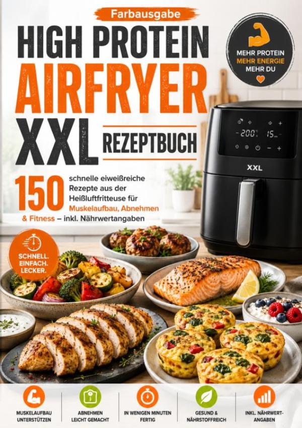 Omslag van High Protein Airfryer XXL Rezeptbuch – Farbausgabe 150 schnelle eiweißreiche Rezepte aus der Heißluftfritteuse für Muskelaufbau, Abnehmen & Fitness