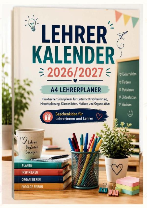 Omslag van Lehrerkalender 2026/2027 – A4 Lehrerplaner: Praktischer Schulplaner für Unterrichtsvorbereitung, Monatsplanung, Klassenlisten, Anwesenheitslisten