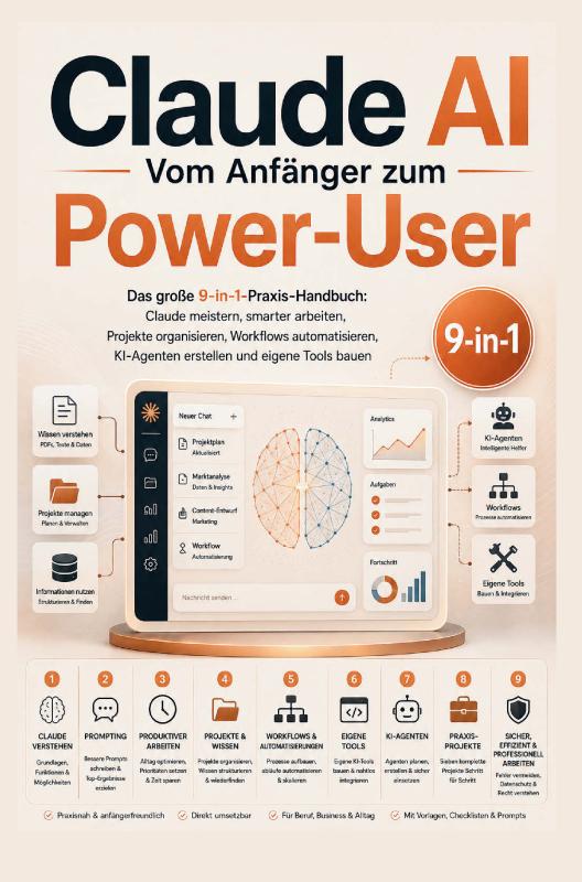 Omslag van Claude AI – Vom Anfänger zum Power-User: Das große 9-in-1-Praxis-Handbuch