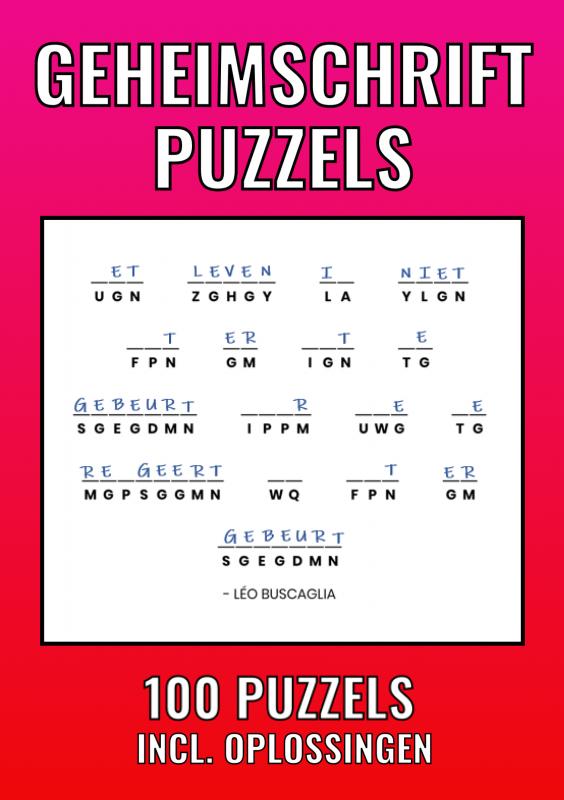 Omslag van Geheimschrift Puzzelboek - 100 Puzzels - Incl. Uitleg, Hints en Oplossingstechieken