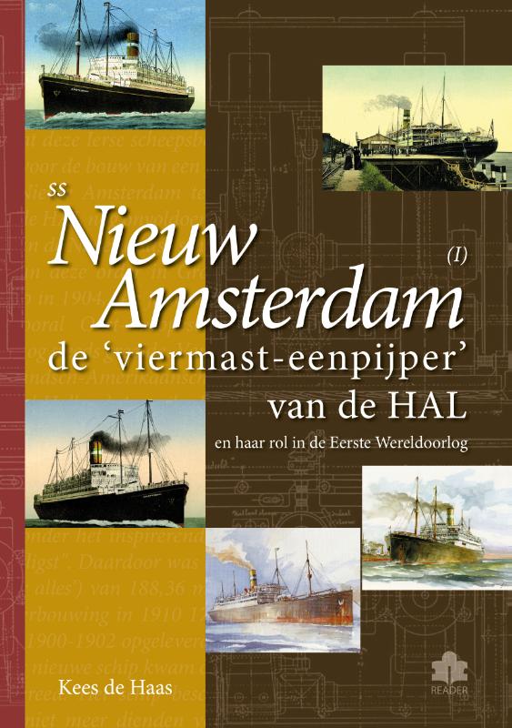 Omslag van ss Nieuw Amsterdam (I)de ‘viermast-eenpijper’ van de HAL
